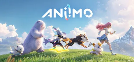 Aniimo : le visuel de lancement officiel, logo ANiMO au-dessus d'une prairie où courent un ours blanc duveteux, un loup sombre, une jeune fille aux cheveux roses et plusieurs petites créatures