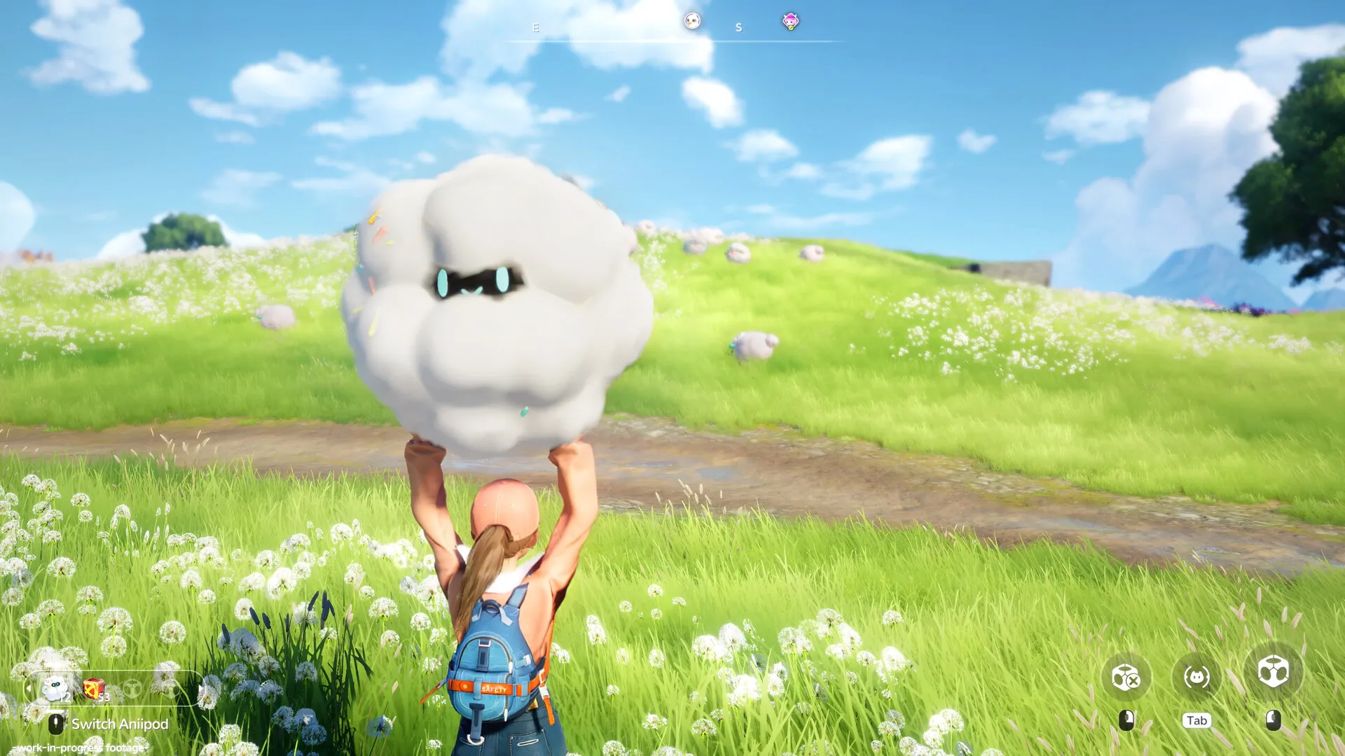 Aniimo : un Nomade soulève une grosse créature nuageuse au-dessus de sa tête dans une prairie fleurie, l'indication Switch Aniipod affichée en bas de l'écran