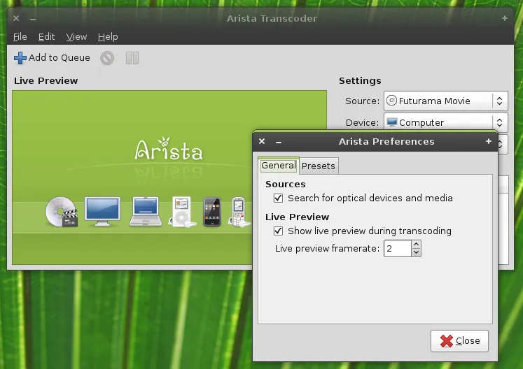 Fenêtre d'Arista Transcoder avec la liste des appareils cibles : capture d'écran officielle