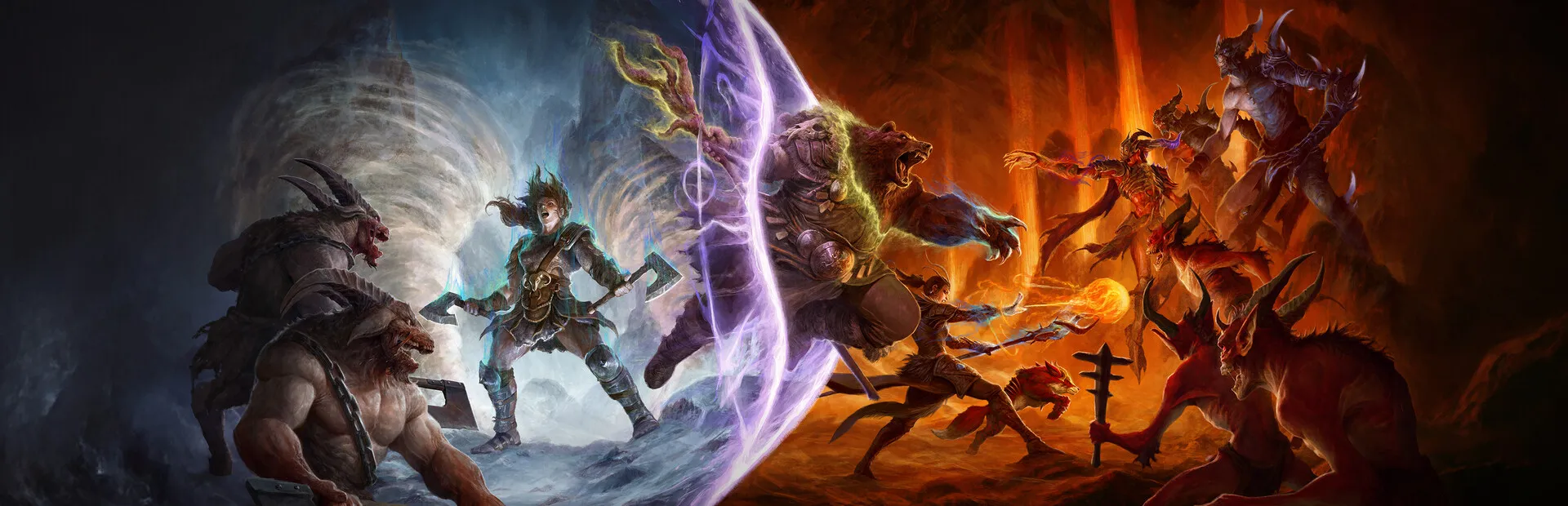 Diablo IV : héros de Sanctuaire face aux démons, de part et d'autre d'un portail, illustration officielle du jeu