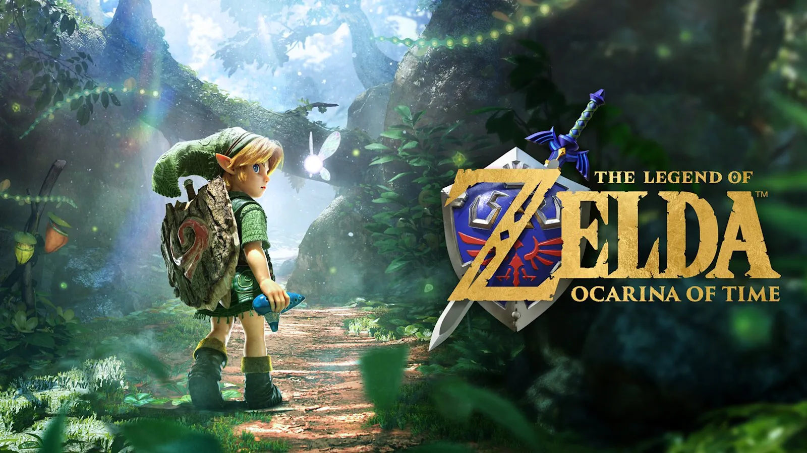 The Legend of Zelda: Ocarina of Time : Link, jeune, dans une forêt luxuriante, avec le logo officiel du remake sur Nintendo Switch 2