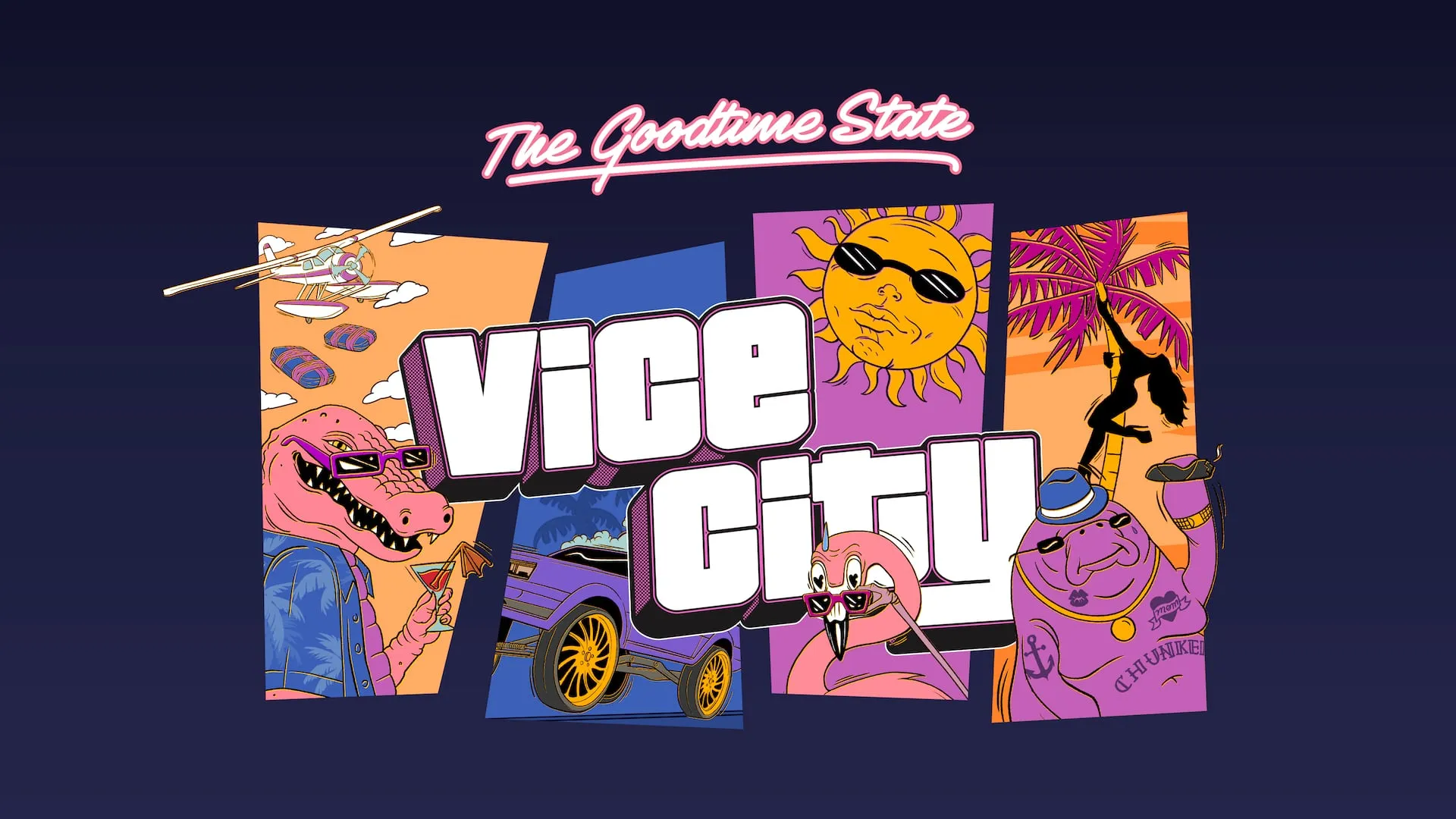 The Goodtime State: Vice City Collection, l'artwork officiel du coffret GTA VI avec Macca l'alligator, le soleil à lunettes et Chunkee le lamantin