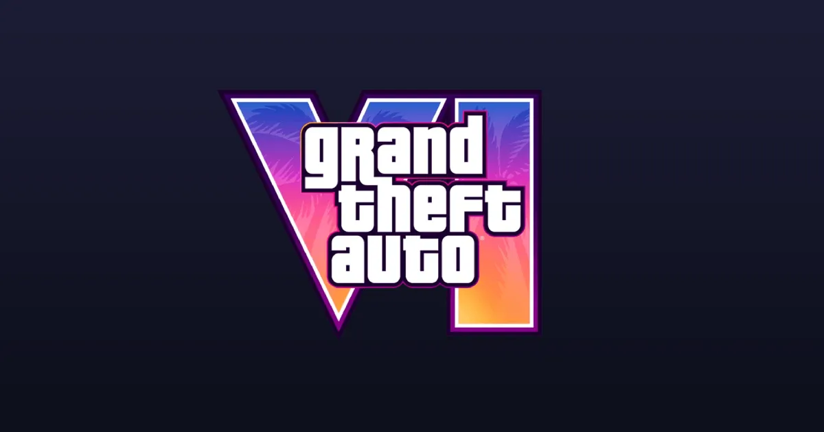 Le logo Grand Theft Auto VI en lettres blanches sur fond sombre, traversé d'un dégradé bleu et orange, visuel officiel de l'album