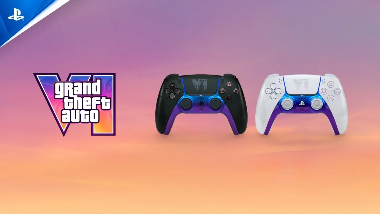 Les deux manettes DualSense Édition Limitée GTA VI (blanche et noire) annoncées au State of Play, visuel officiel PlayStation