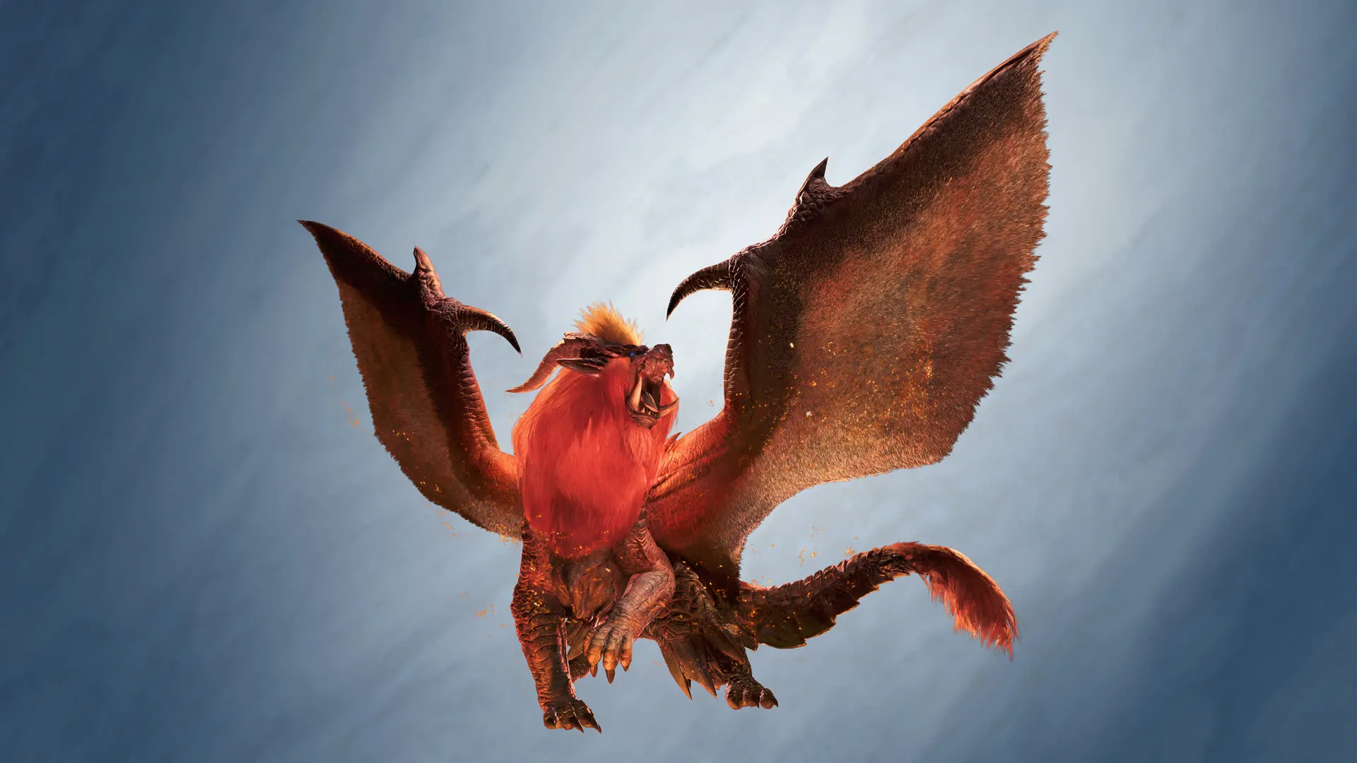 Monster Hunter Wilds: Ascendance : le dragon ancien Teostra, crinière rouge dressée et ailes déployées, plane au-dessus d'un ciel voilé
