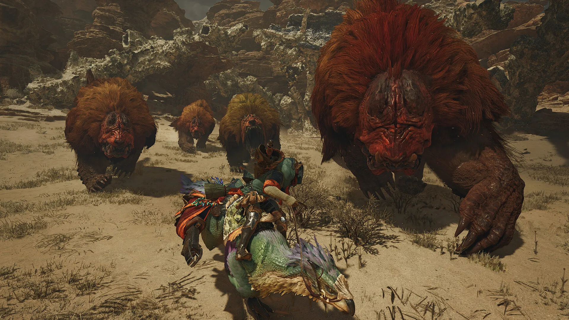 Monster Hunter Wilds : un chasseur sur sa monture traverse les Plaines venteuses au milieu de la faune locale, capture d'écran officielle
