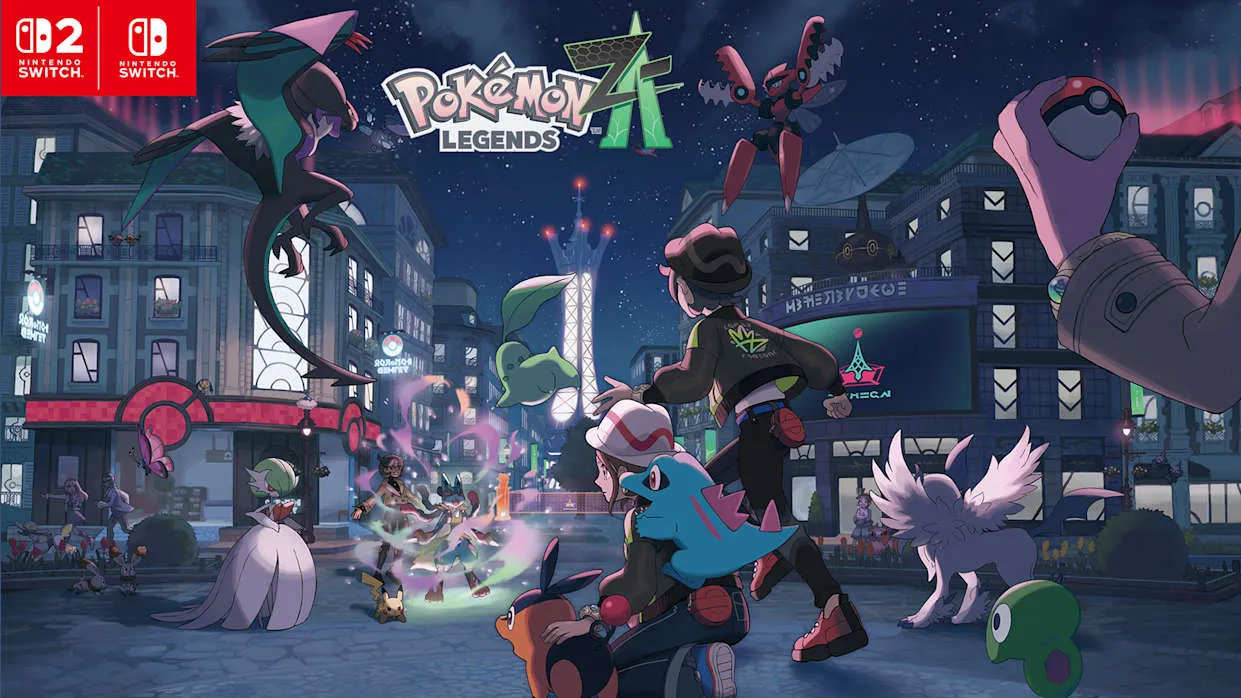 Légendes Pokémon Z-A : la clé visuelle du jeu avec Méga-Dracaufeu, Méga-Florizarre et les dresseurs au centre d'Illumis la nuit : visuel officiel