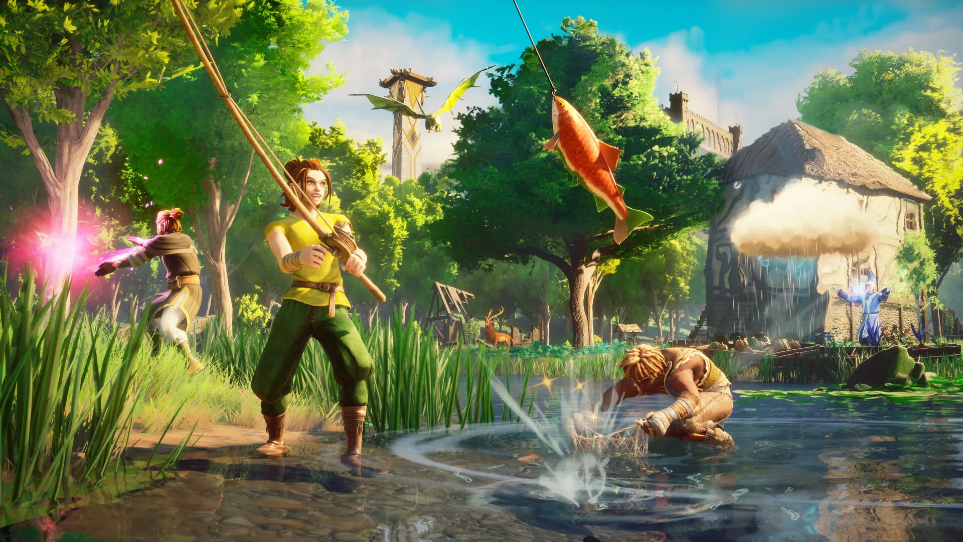 RuneScape: Dragonwilds : deux personnages pêchent dans une rivière au pied d'un village, un dragon survole la vallée au loin